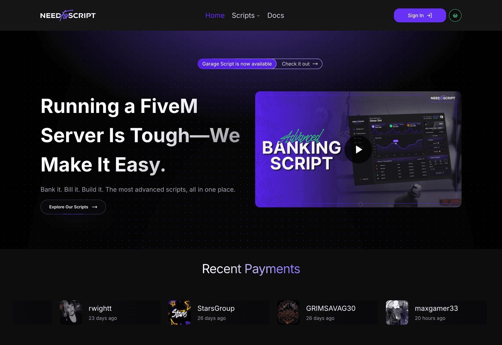 NeedForScript FiveM storefront homepage